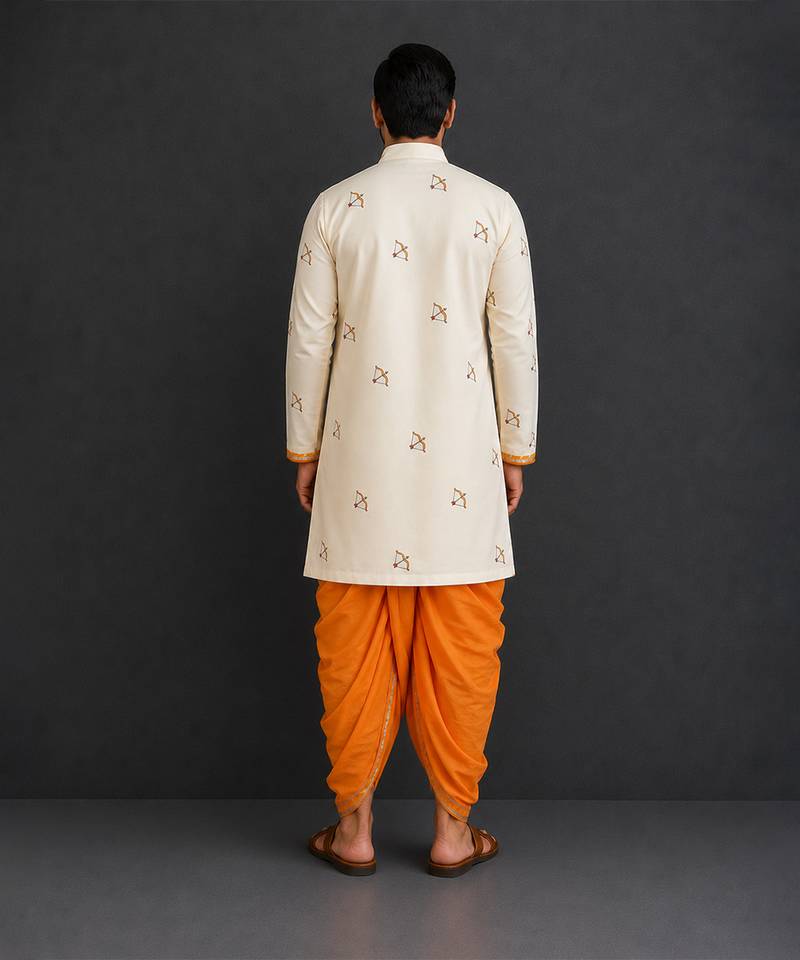 ivory white printed cotton silk men dhoti kurta set