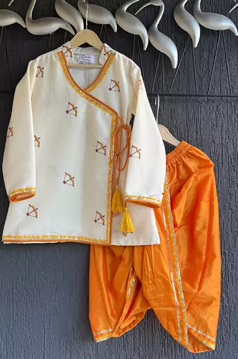 ivory white printed cotton silk men dhoti kurta set