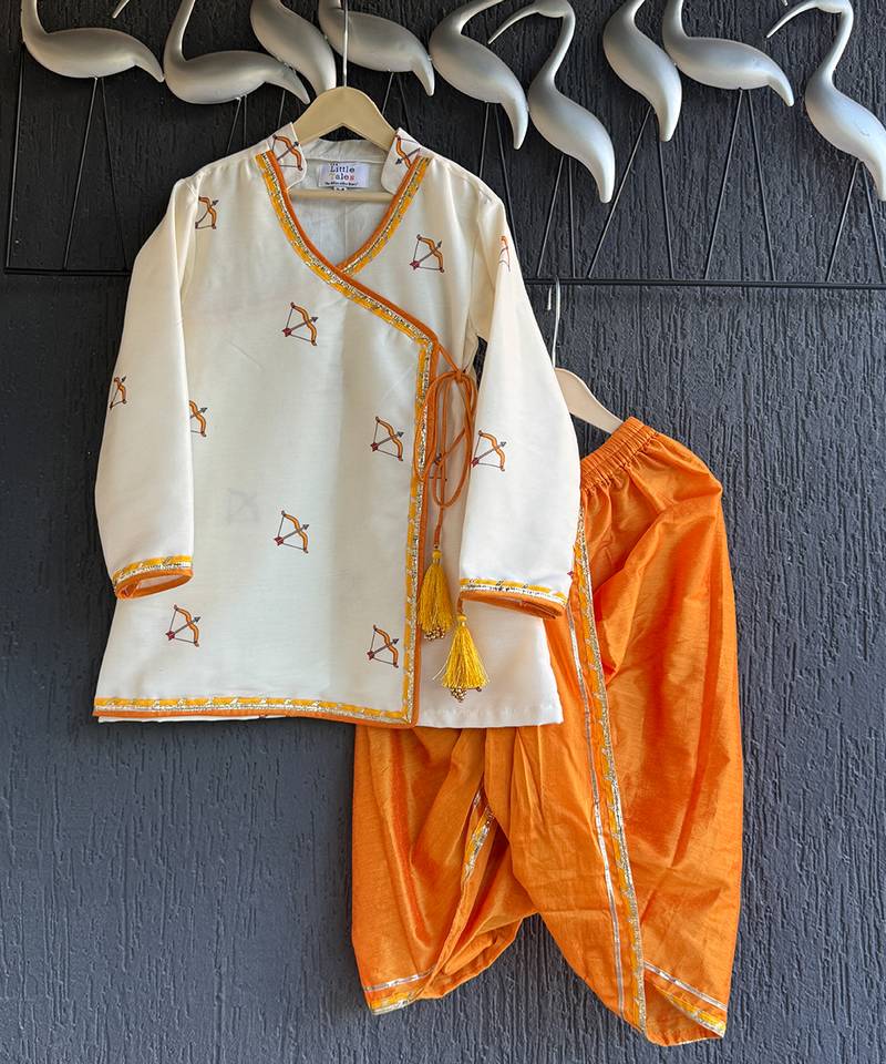 ivory white printed cotton silk men dhoti kurta set