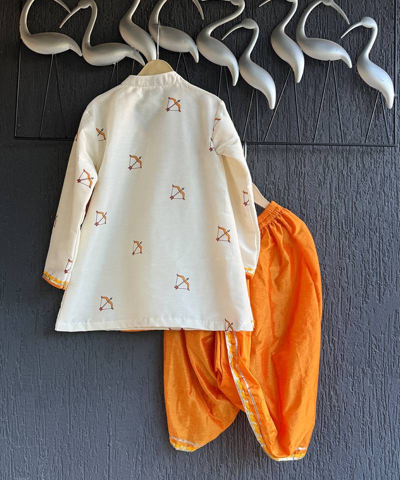 ivory white printed cotton silk men dhoti kurta set