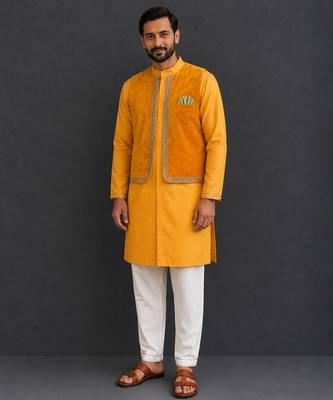 mustard yellow woven cotton silk jacket styled men kurta set 1