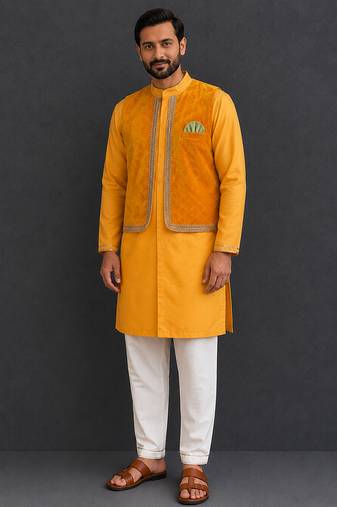 mustard yellow woven cotton silk jacket styled men kurta set