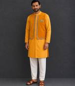 mustard yellow woven cotton silk jacket styled men kurta set
