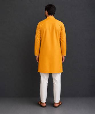 mustard yellow woven cotton silk jacket styled men kurta set 2