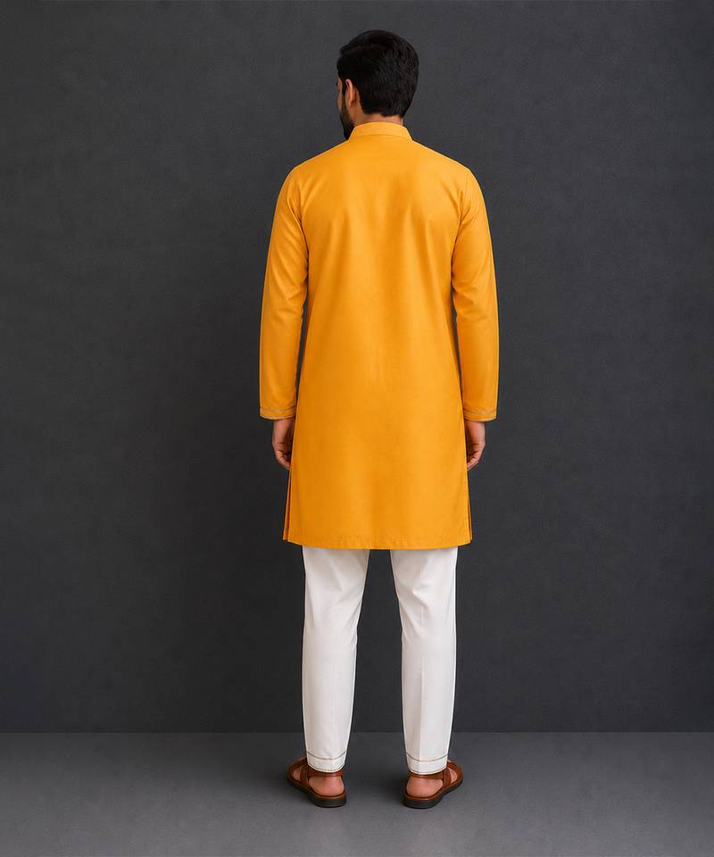 mustard yellow woven cotton silk jacket styled men kurta set