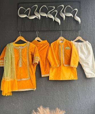 mustard yellow woven cotton silk jacket styled men kurta set 3