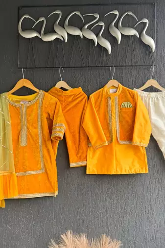 mustard yellow woven cotton silk jacket styled men kurta set