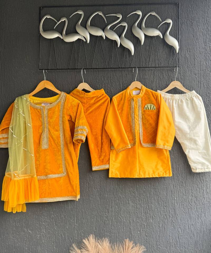mustard yellow woven cotton silk jacket styled men kurta set