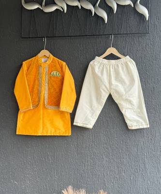 mustard yellow woven cotton silk jacket styled men kurta set 4