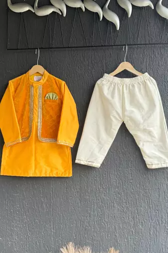 mustard yellow woven cotton silk jacket styled men kurta set