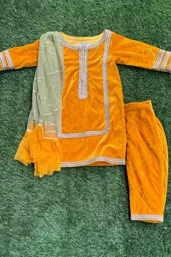 mustard yellow woven cotton silk jacket styled men kurta set