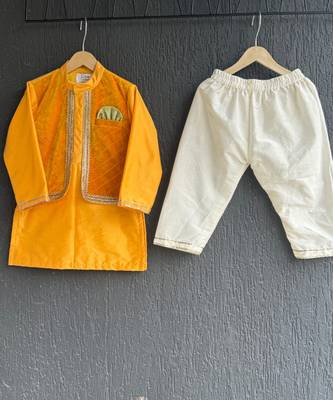 mustard yellow woven cotton silk jacket styled men kurta set 7