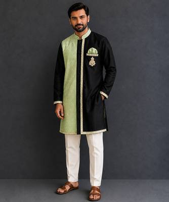 Mint green black embroidered cotton silk Men Kurta Set 1
