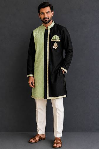 Mint green black embroidered cotton silk Men Kurta Set