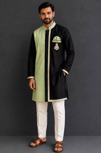 Mint green black embroidered cotton silk Men Kurta Set