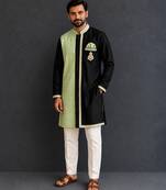 Mint green black embroidered cotton silk Men Kurta Set