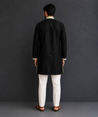 Mint green black embroidered cotton silk Men Kurta Set 2