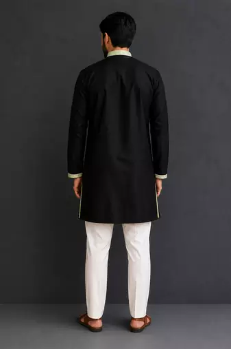 Mint green black embroidered cotton silk Men Kurta Set