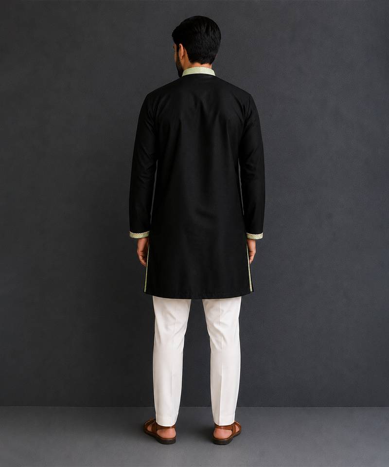 Mint green black embroidered cotton silk Men Kurta Set