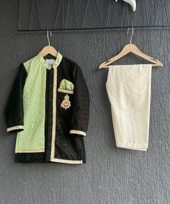 Mint green black embroidered cotton silk Men Kurta Set 3
