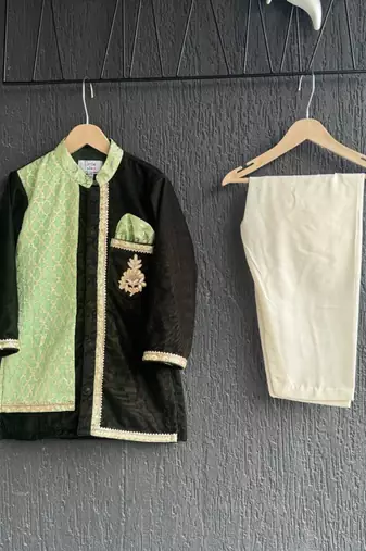 Mint green black embroidered cotton silk Men Kurta Set
