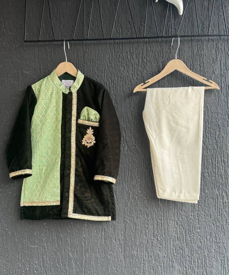 Mint green black embroidered cotton silk Men Kurta Set