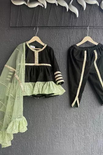 Mint green black embroidered cotton silk Men Kurta Set