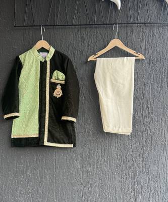 Mint green black embroidered cotton silk Men Kurta Set 6