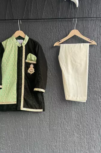 Mint green black embroidered cotton silk Men Kurta Set