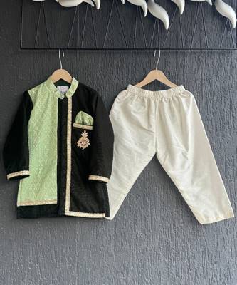 Mint green black embroidered cotton silk Men Kurta Set 7