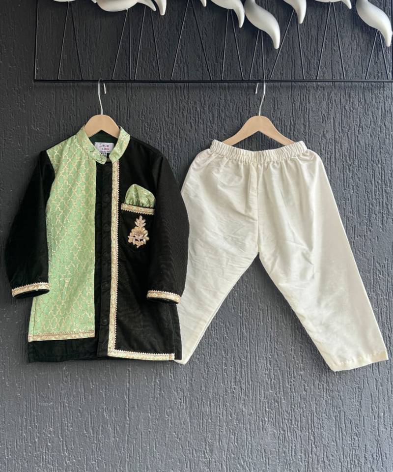 Mint green black embroidered cotton silk Men Kurta Set