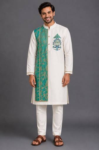 Off white teal printed cotton silk Men Kurta Set