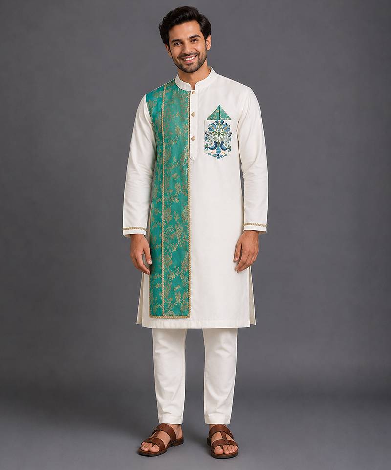 Off white teal printed cotton silk Men Kurta Set