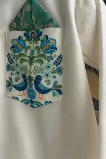 Off white teal printed cotton silk Men Kurta Set