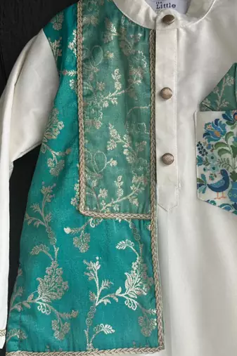 Off white teal printed cotton silk Men Kurta Set