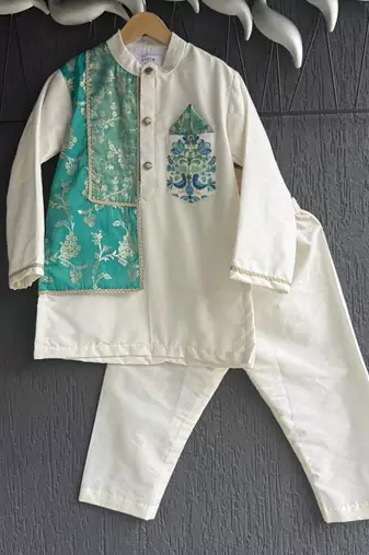 Off white teal printed cotton silk Men Kurta Set