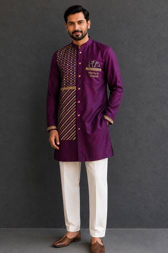Grape purple embroidered cotton silk Men Kurta Set