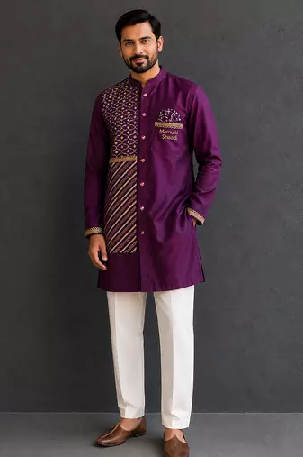 Grape purple embroidered cotton silk Men Kurta Set