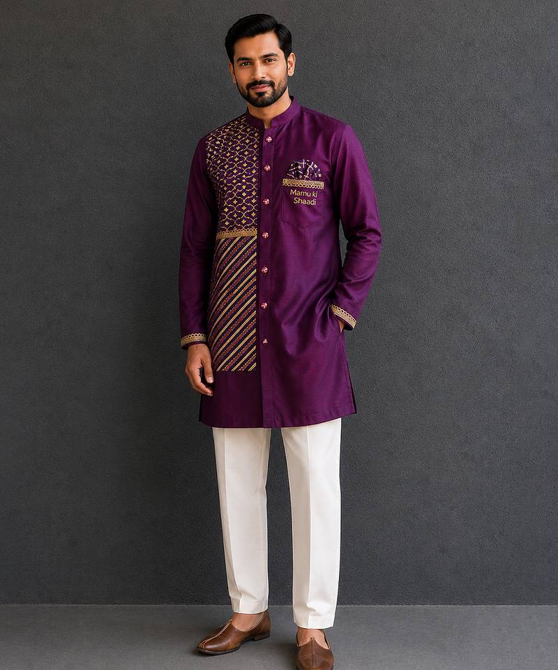 Grape purple embroidered cotton silk Men Kurta Set