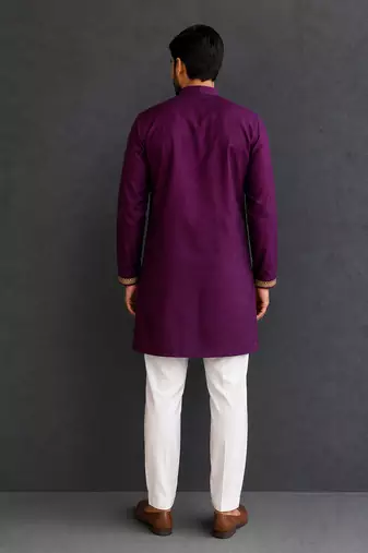 Grape purple embroidered cotton silk Men Kurta Set
