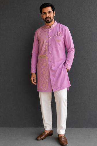 Lilac purple embroidered cotton silk Men Kurta Set