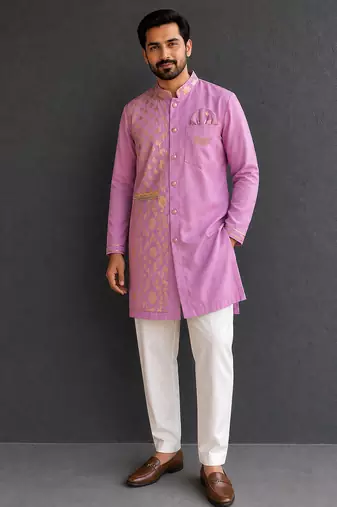 Lilac purple embroidered cotton silk Men Kurta Set