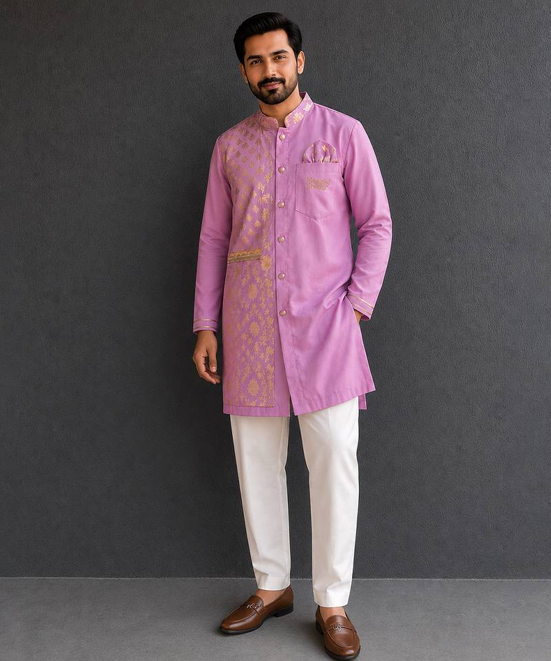 Lilac purple embroidered cotton silk Men Kurta Set
