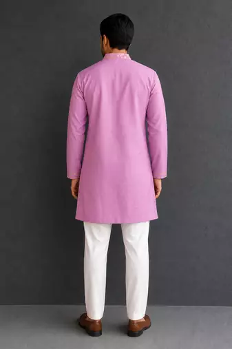 Lilac purple embroidered cotton silk Men Kurta Set