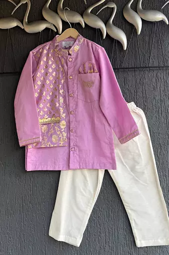 Lilac purple embroidered cotton silk Men Kurta Set