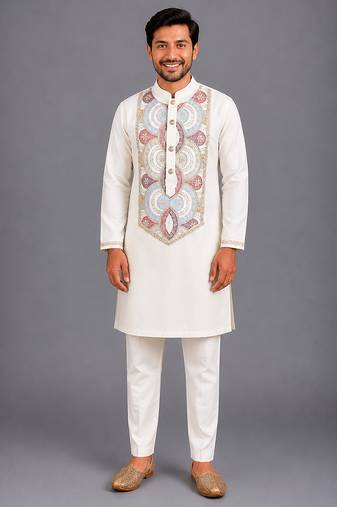 Off white embroidered cotton silk kurta set