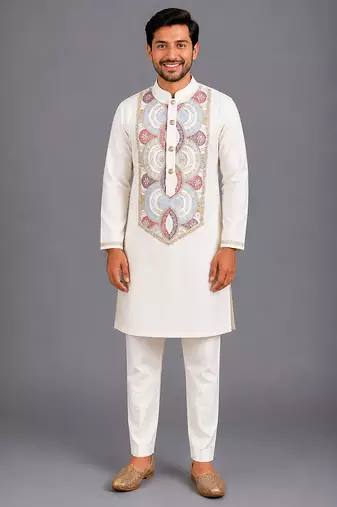 Off white embroidered cotton silk kurta set