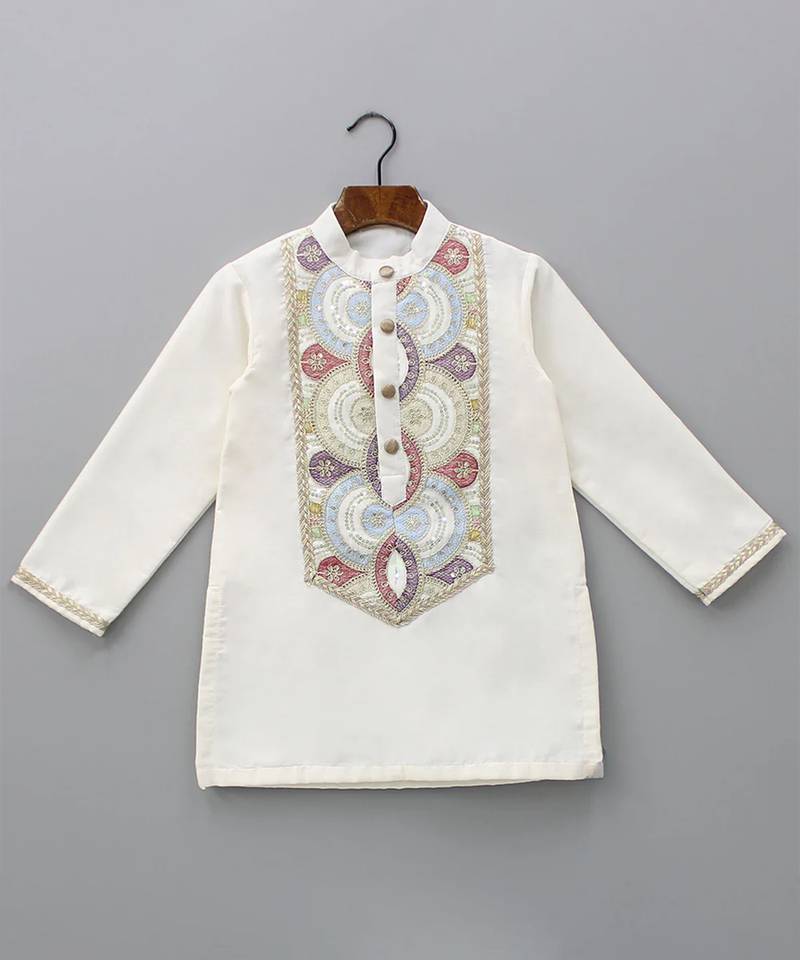 Off white embroidered cotton silk kurta set