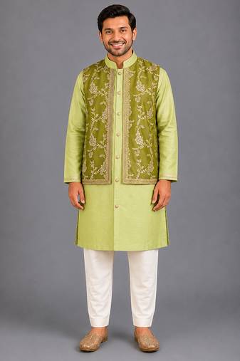 Lime green embroidered cotton silk Men Kurta Set