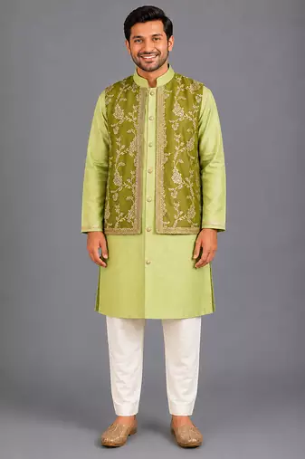 Lime green embroidered cotton silk Men Kurta Set